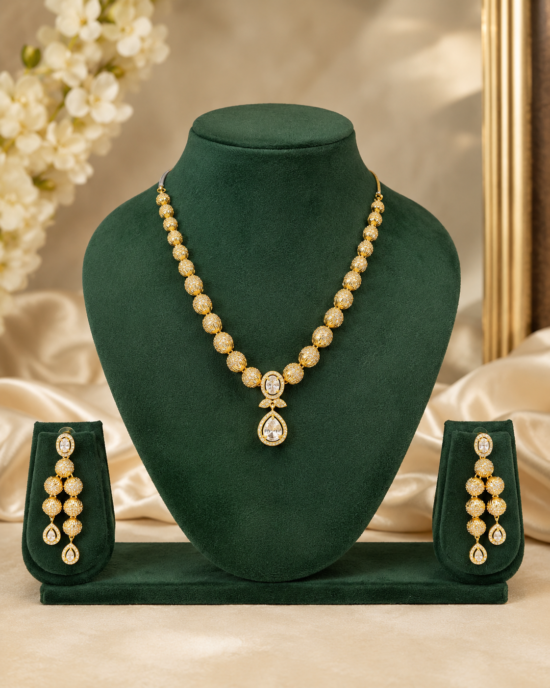 Gold CZ Oval Teardrop Pendant Filigree Ball Bead Chain Necklace Set | OLT58