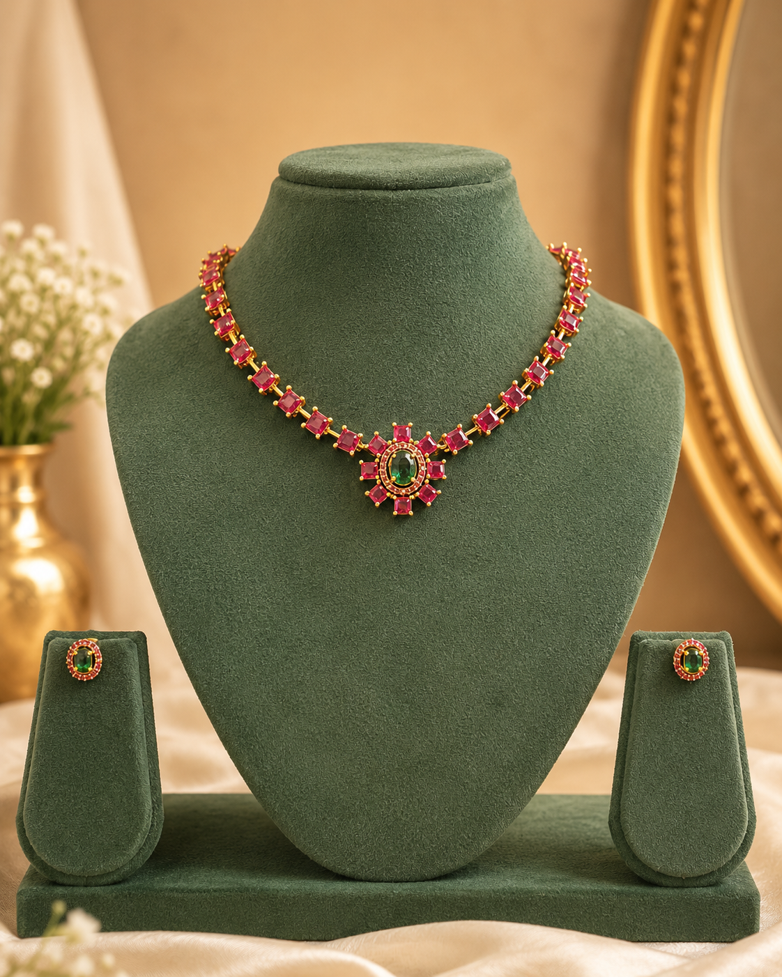 Gold Ruby Emerald Choker Necklace Set | ONK16
