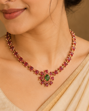 Gold Ruby Emerald Choker Necklace Set | ONK16