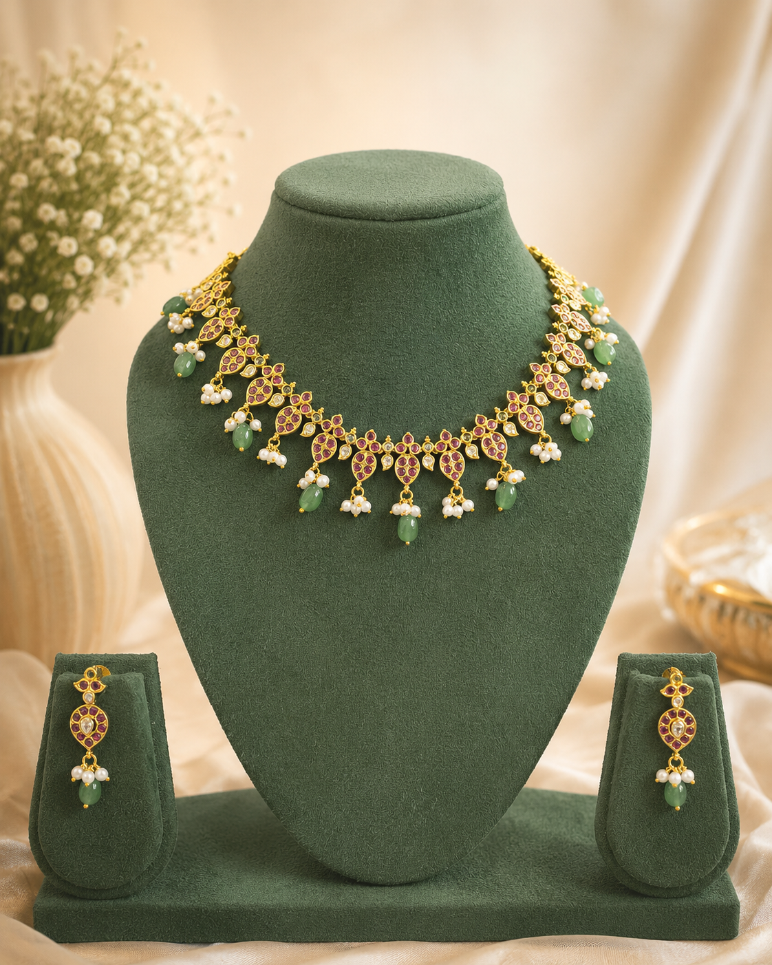 Gold Ruby Polki CZ Choker Necklace Set with Pearl Cluster Drops | ONK23