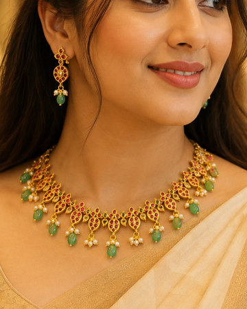 Gold Ruby Polki CZ Choker Necklace Set with Pearl Cluster Drops | ONK23