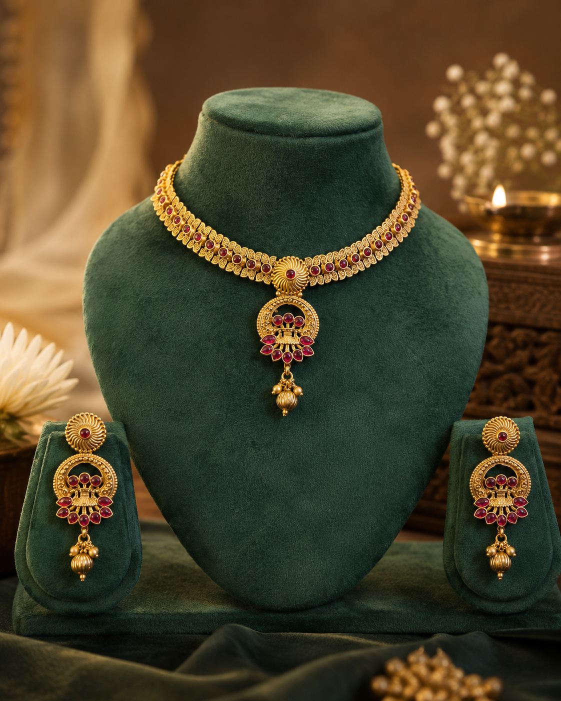 Antique Gold Ruby Choker with Pendant & Jhumka Drop Necklace Set | OLT42