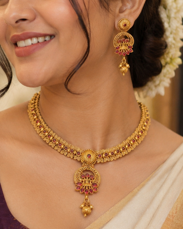 Antique Gold Ruby Choker with Pendant & Jhumka Drop Necklace Set | OLT42