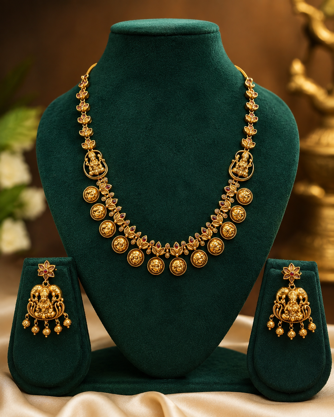 Antique Gold Goddess Lakshmi Coin Disc Nakshi Leaf Link Necklace Set | OLT47