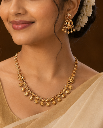 Antique Gold Goddess Lakshmi Coin Disc Nakshi Leaf Link Necklace Set | OLT47