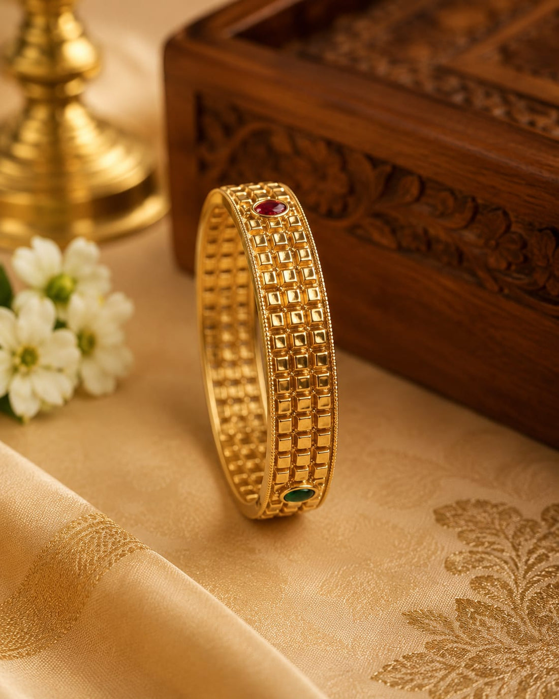 Antique Gold Square Grid Textured Wide Bangle with Ruby Emerald | LV2303