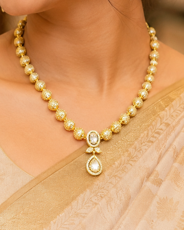 Gold CZ Oval Teardrop Pendant Filigree Ball Bead Chain Necklace Set | OLT58