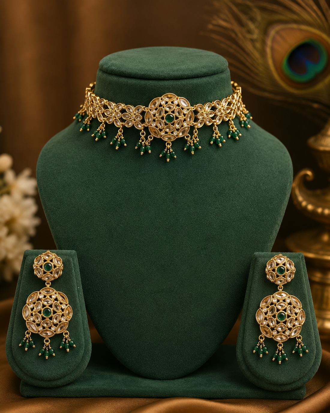 Gold Polki Kundan Emerald Filigree Choker Necklace Set with Emerald Bead Drops | OLT54