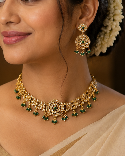 Gold Polki Kundan Emerald Filigree Choker Necklace Set with Emerald Bead Drops | OLT54