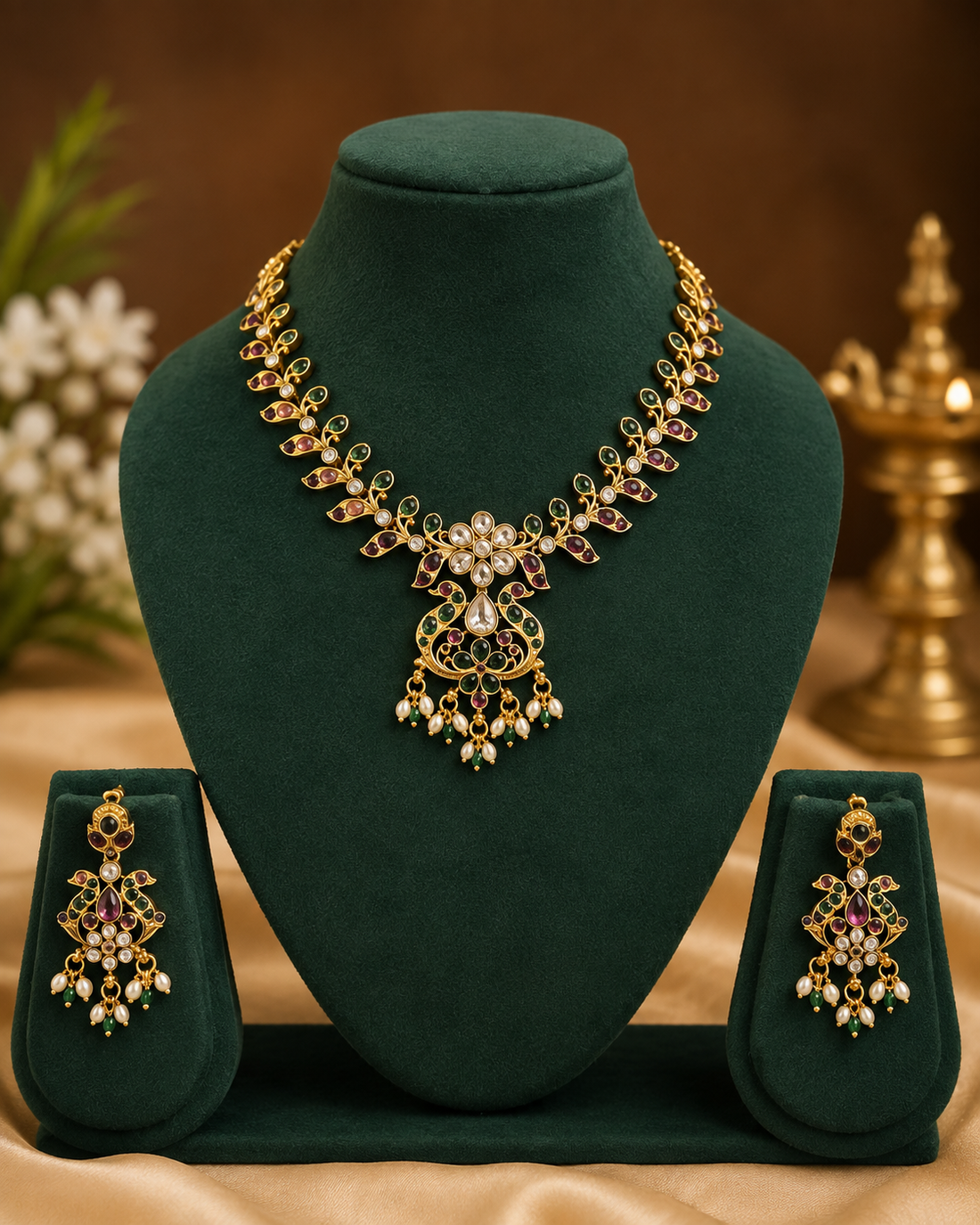 Gold Ruby Emerald Polki Kundan Teardrop Choker Necklace Set | OLT48