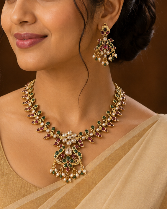 Gold Ruby Emerald Polki Kundan Teardrop Choker Necklace Set | OLT48