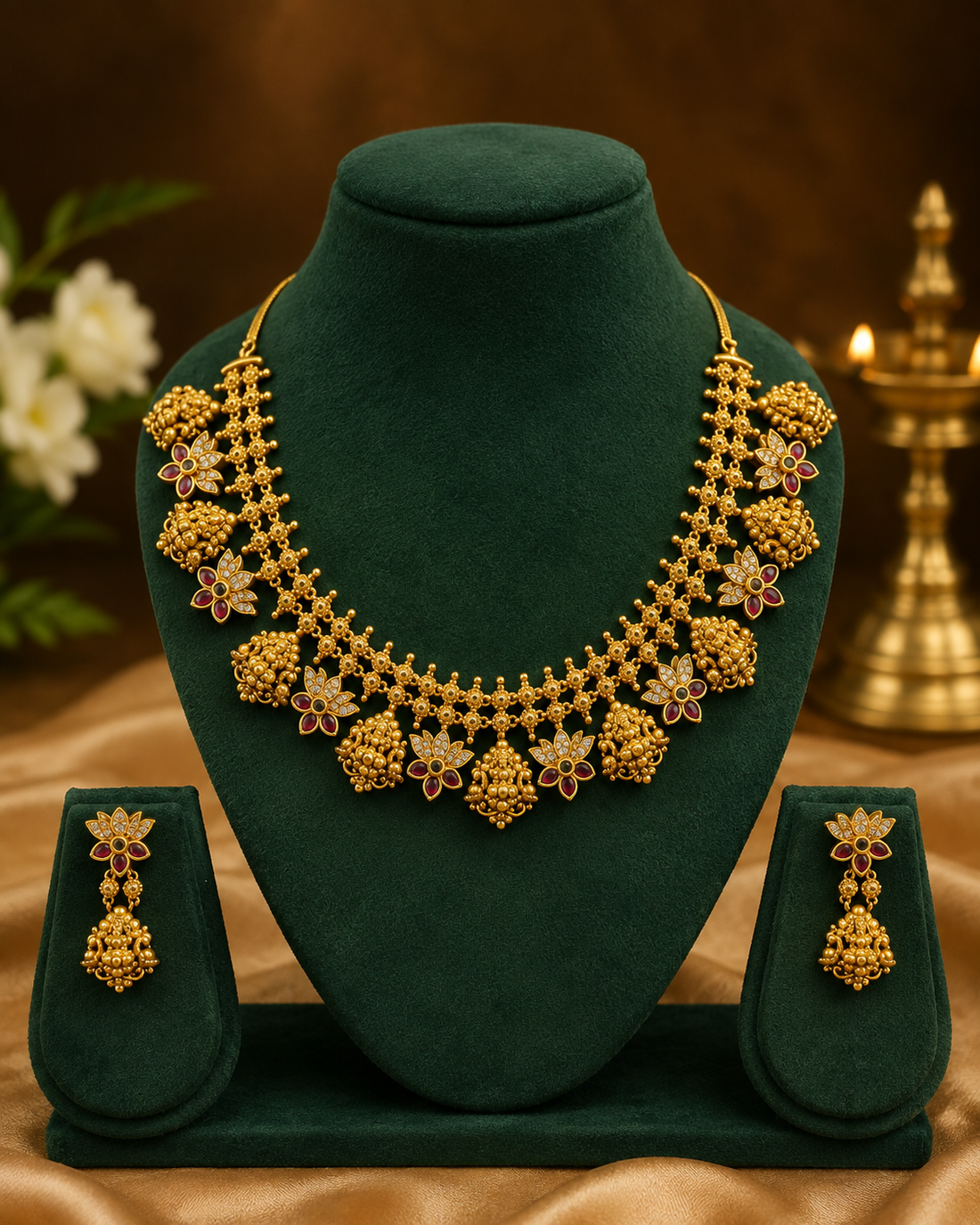 Antique Gold Ruby CZ Lotus Flower , Jhumka Fringe Choker Necklace Set | OLT45