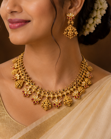 Antique Gold Ruby CZ Lotus Flower , Jhumka Fringe Choker Necklace Set | OLT45