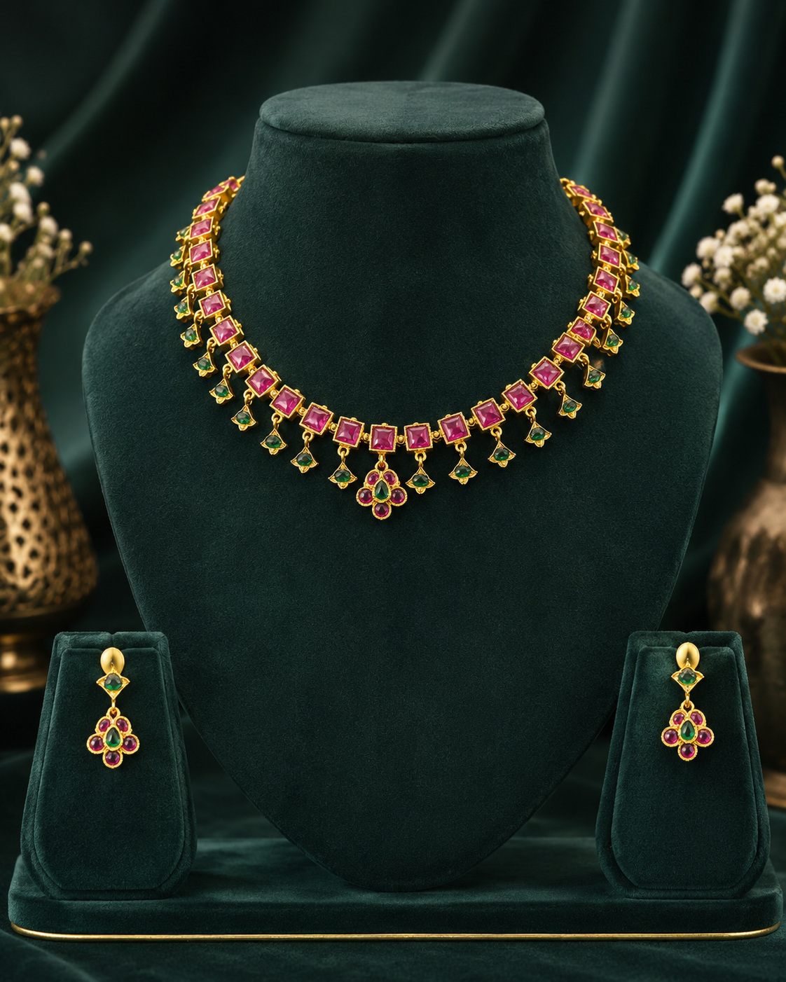 Gold Ruby Square Kemp Emerald Kite Drop Fringe Choker Necklace Set | OL266