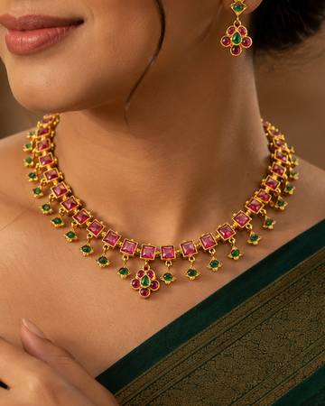 Gold Ruby Square Kemp Emerald Kite Drop Fringe Choker Necklace Set | OL266
