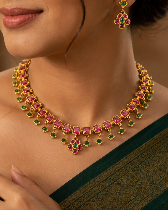 Gold Ruby Square Kemp Emerald Kite Drop Fringe Choker Necklace Set | OL266