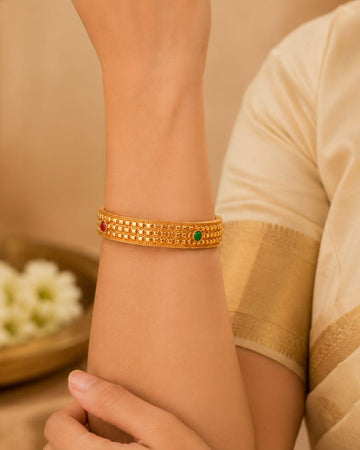 Antique Gold Square Grid Textured Wide Bangle with Ruby Emerald | LV2303