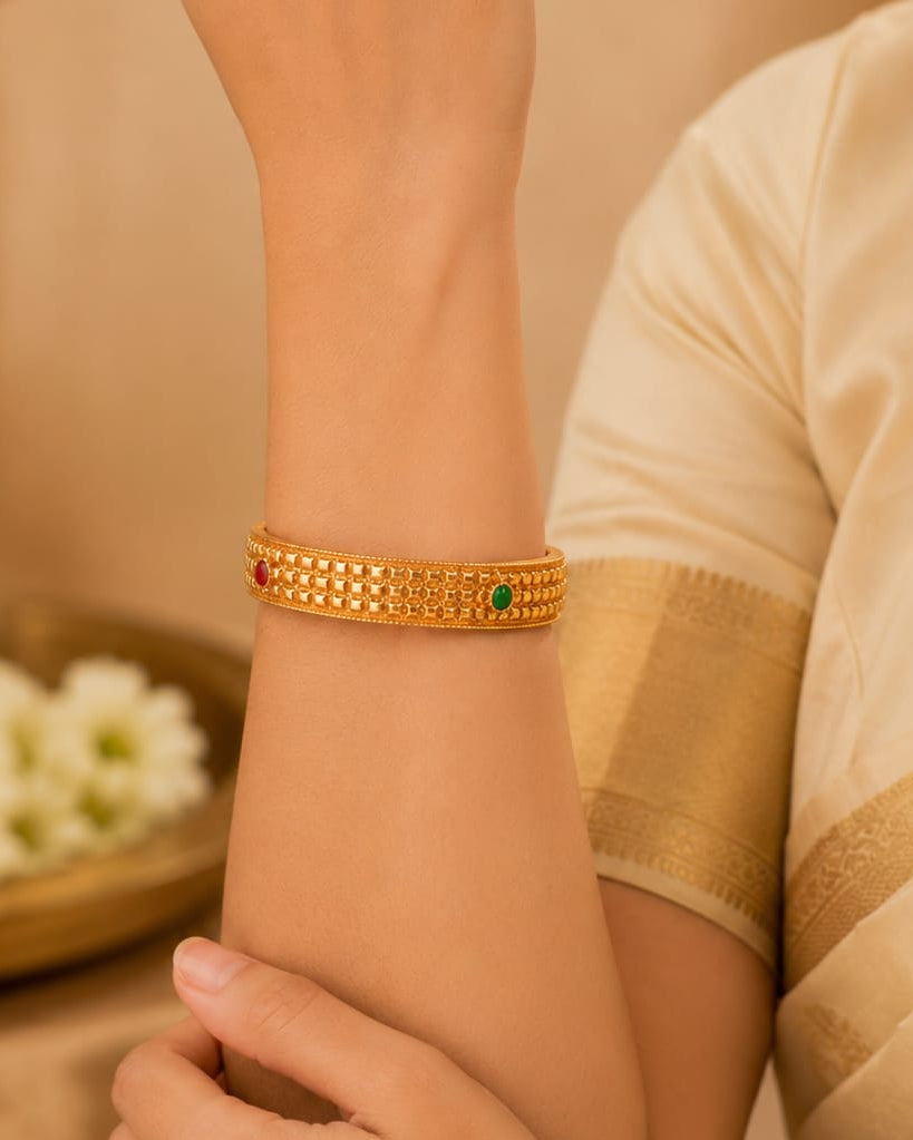 Antique Gold Square Grid Textured Wide Bangle with Ruby Emerald | LV2303