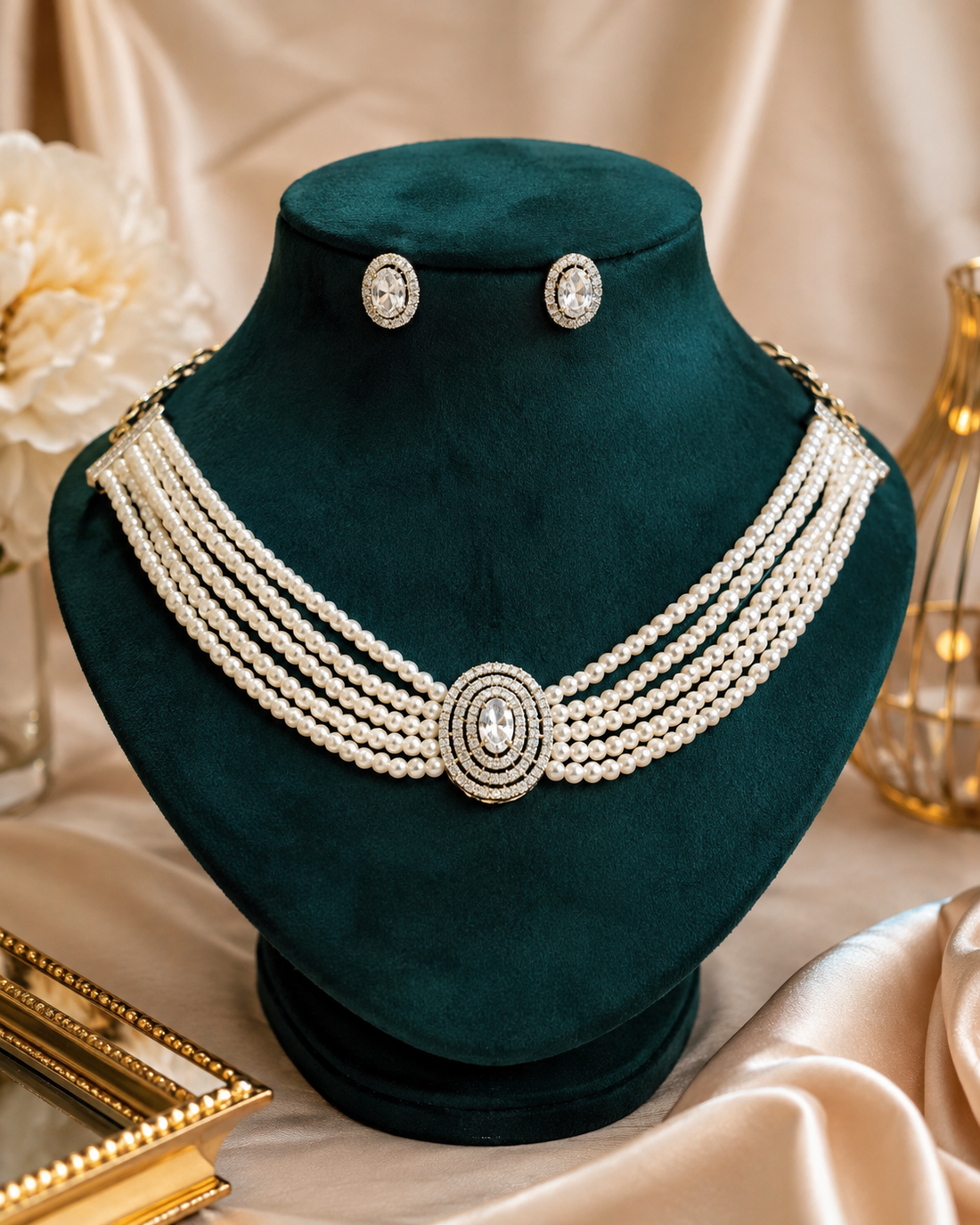 Silver CZ Oval Halo Multi-Strand Pearl Choker Necklace Set | OLT14