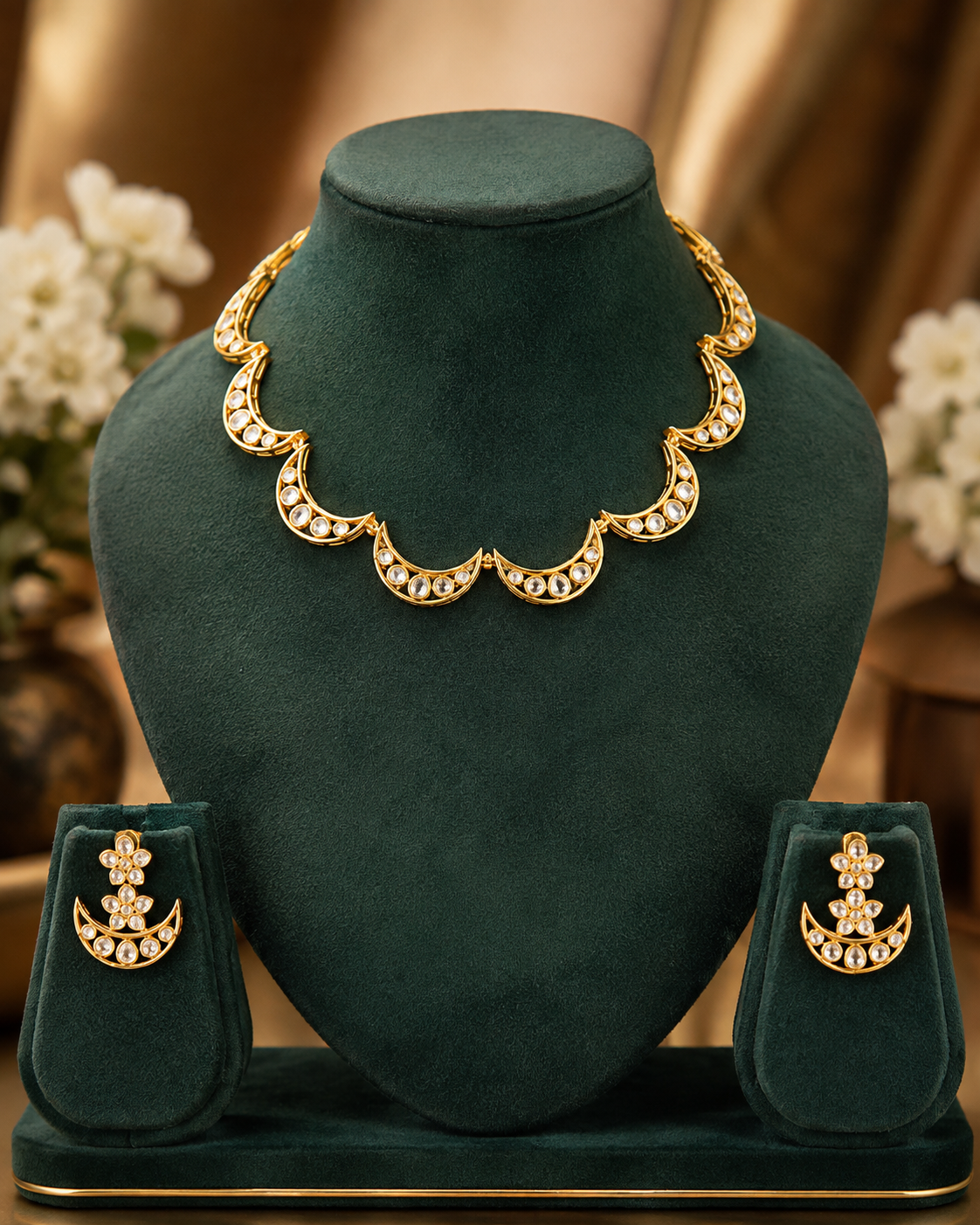 Gold Polki Kundan Crescent Moon Scallop Link Choker Necklace Set | OL269