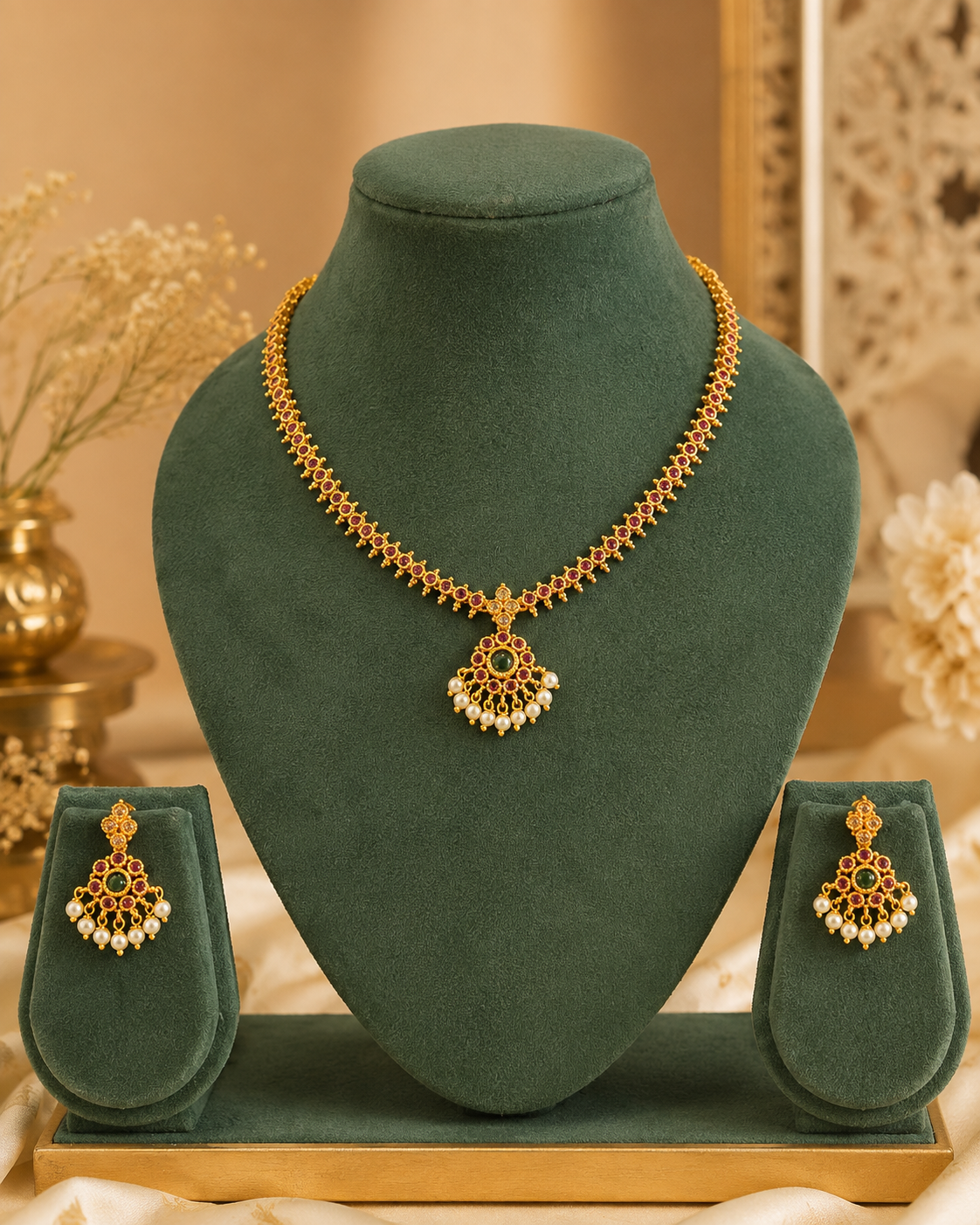 Antique Gold Ruby Necklace Set with Emerald Fan Pendant | ONK66