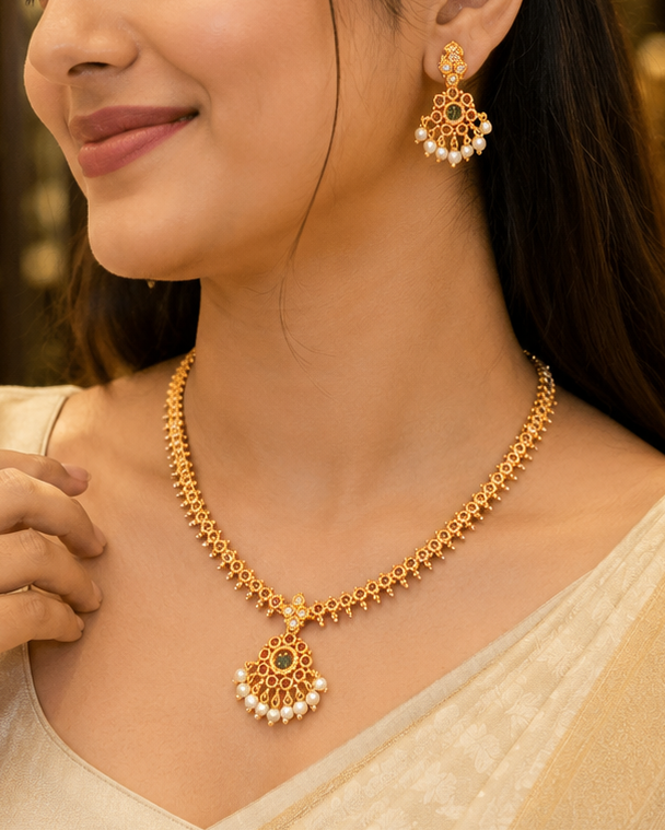 Antique Gold Ruby Necklace Set with Emerald Fan Pendant | ONK66