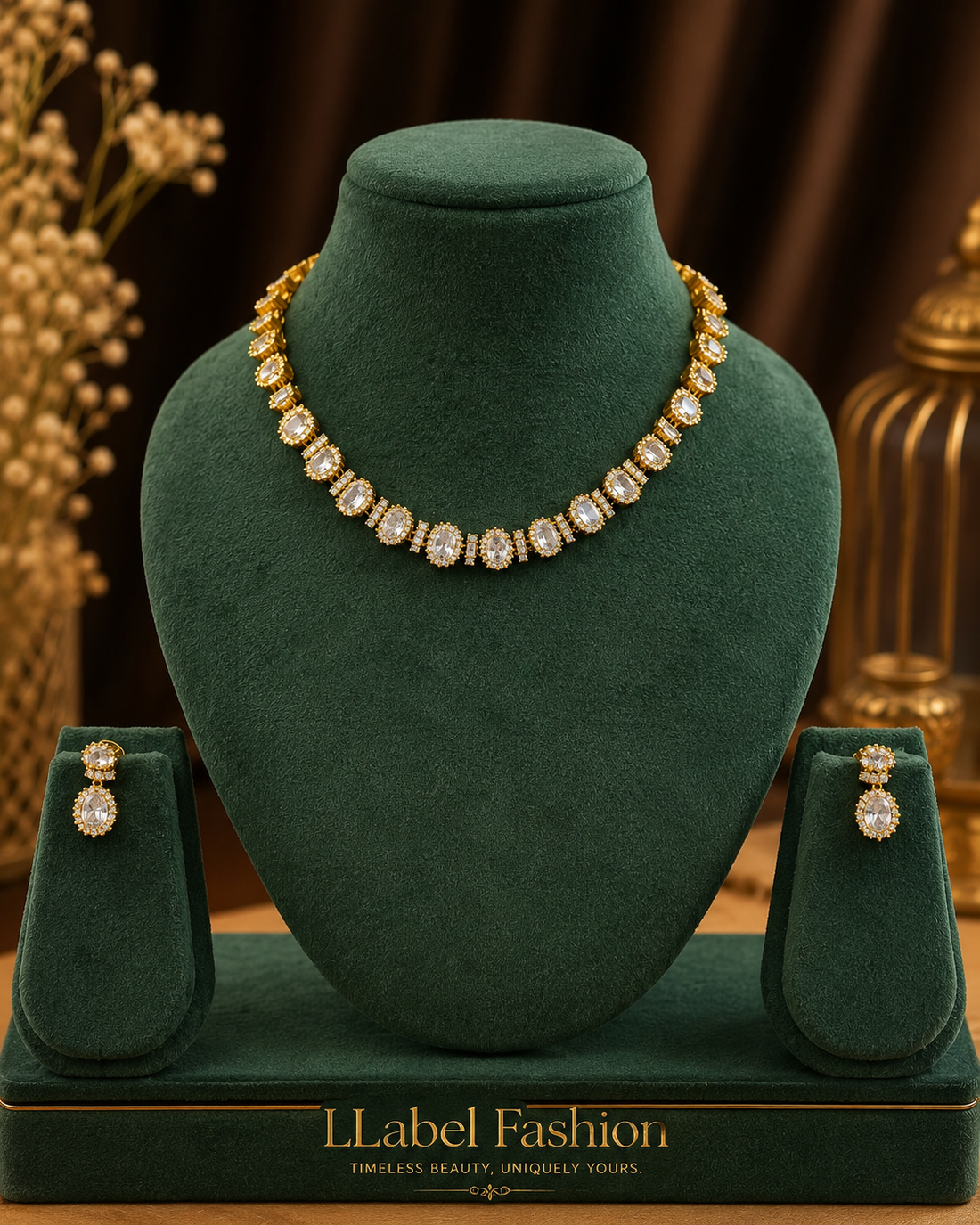 Gold White CZ Oval Halo Pave Border Graduated Tennis Choker Necklace Set | OL265