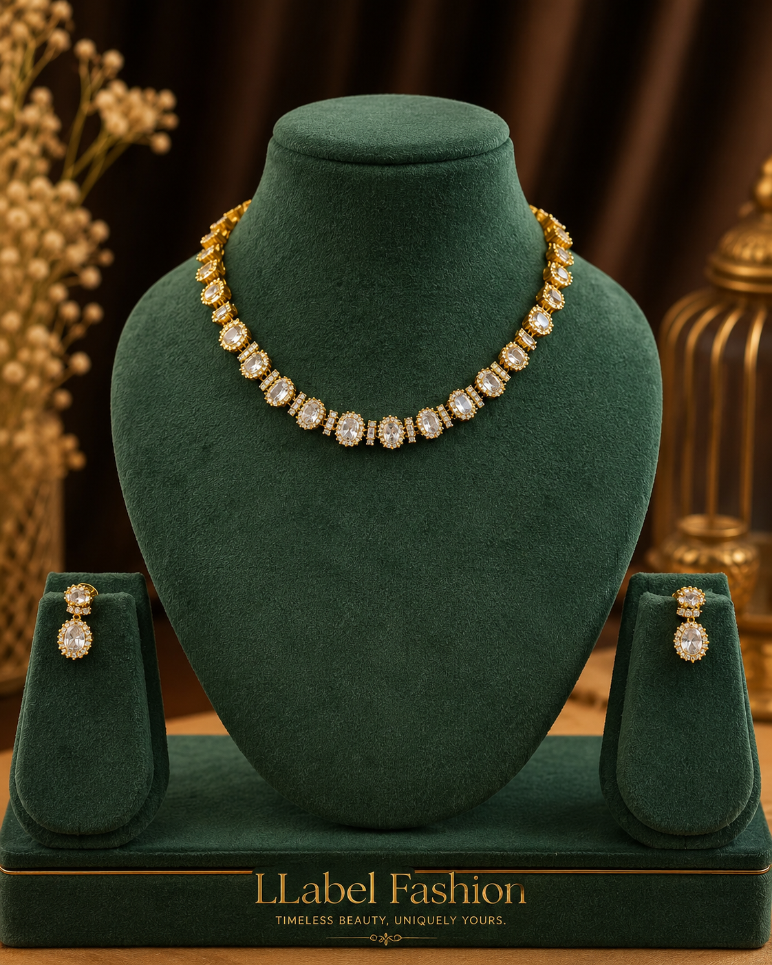 Gold White CZ Oval Halo Pave Border Graduated Tennis Choker Necklace Set | OL265