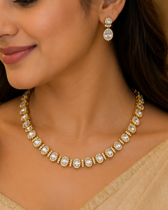 Gold White CZ Oval Halo Pave Border Graduated Tennis Choker Necklace Set | OL265