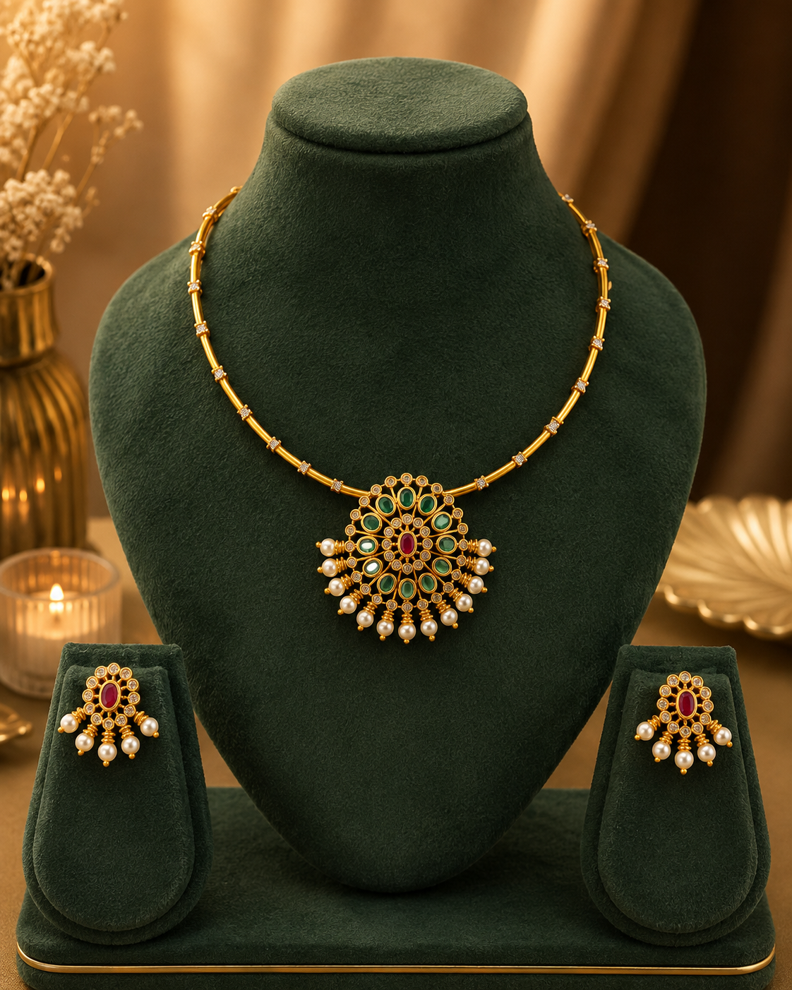 Antique Gold Ruby Emerald Oval Gold Tube Hasli Necklace Set | ONK36