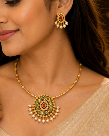 Antique Gold Ruby Emerald Oval Gold Tube Hasli Necklace Set | ONK36