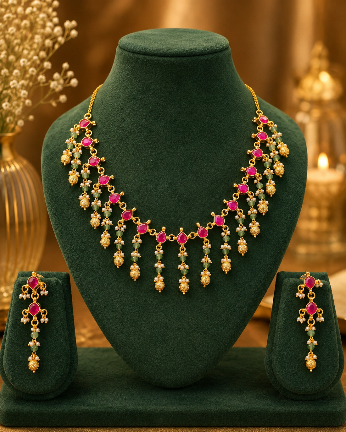 Gold Ruby Teardrop Jade Green Bead Nakshi Gold Ball Fringe Necklace Set | OL270