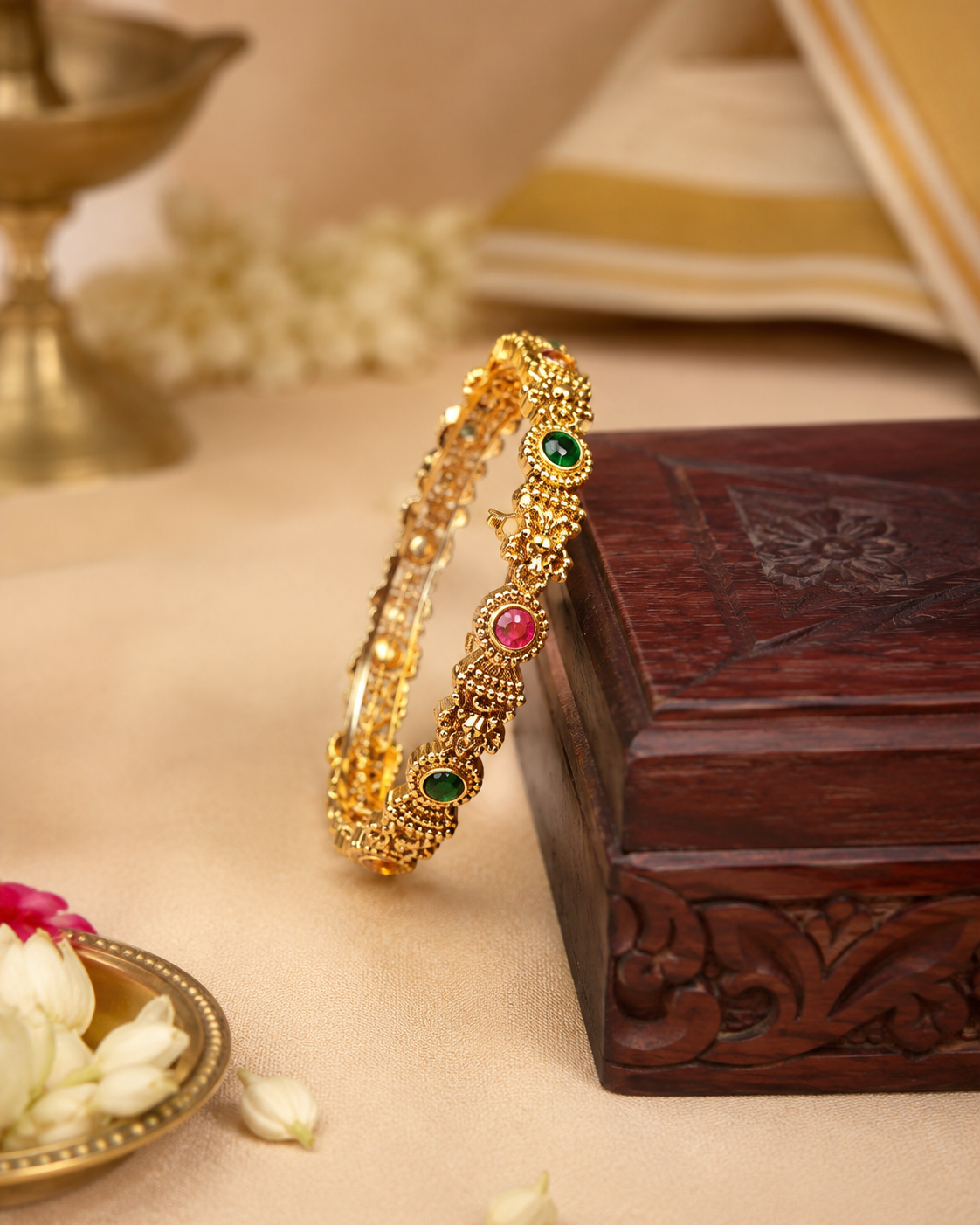 Antique Gold Granulated Filigree Scroll Bangle with Ruby Emerald | LV2301