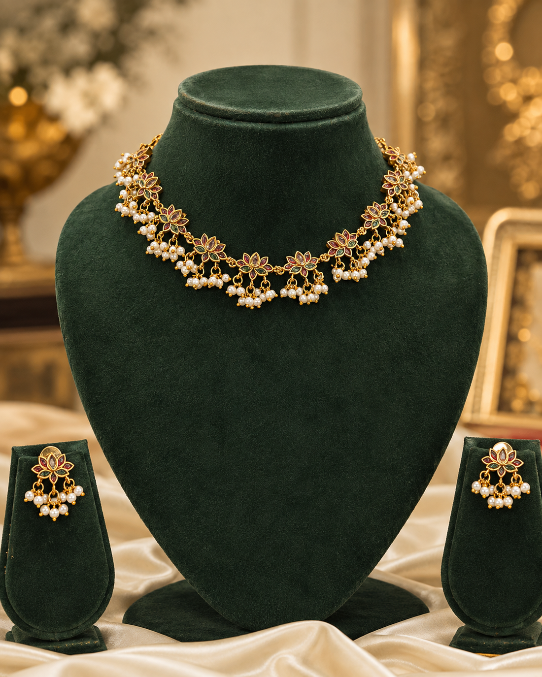 Gold Ruby Kemp Meenakari Lotus Flower Choker Necklace Set with Pearl Drops | OL281