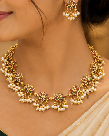 Gold Ruby Kemp Meenakari Lotus Flower Choker Necklace Set with Pearl Drops | OL281