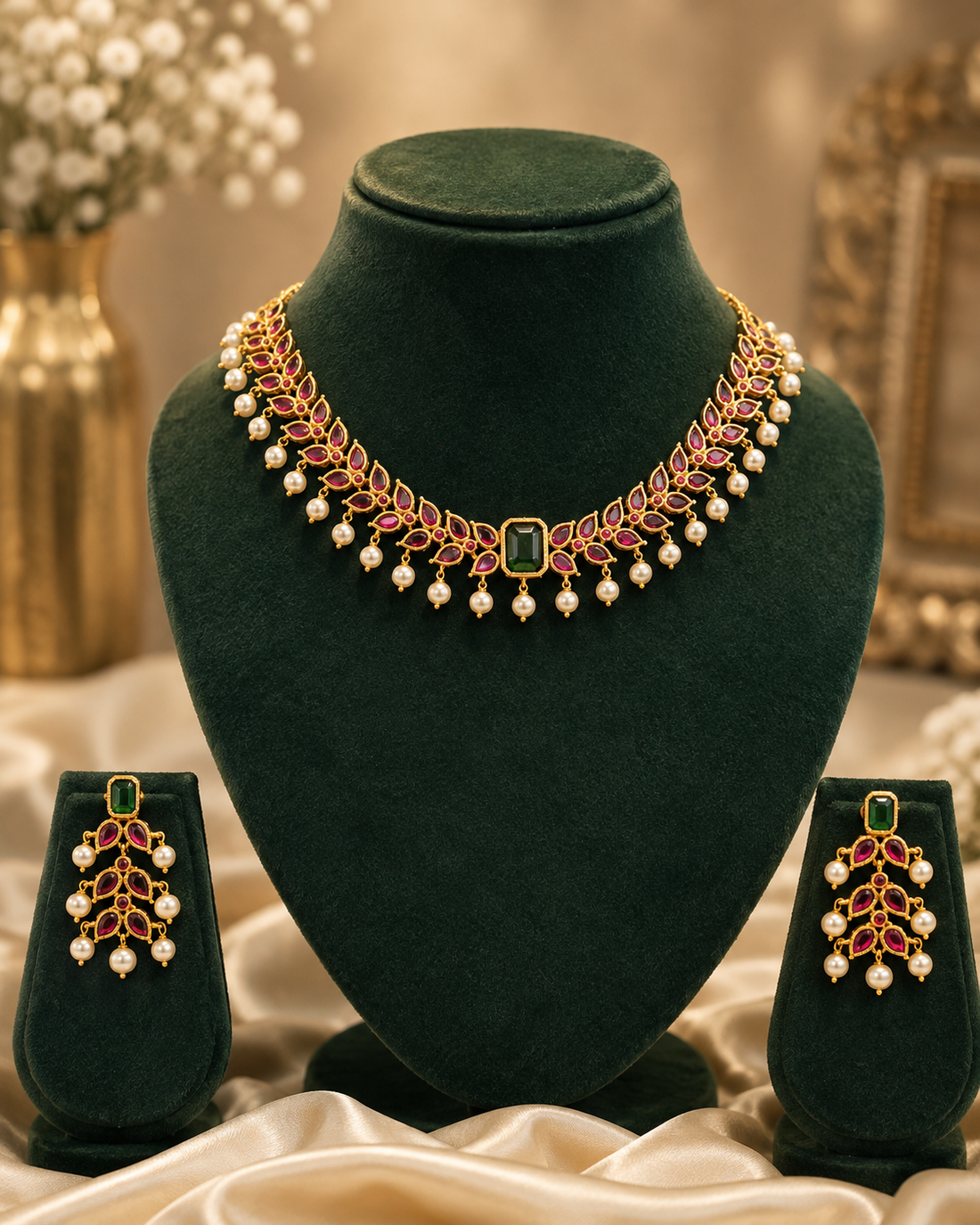 Gold Ruby Emerald Rectangle Cabochon Seed Pearl Fringe Choker Necklace Set | OL261