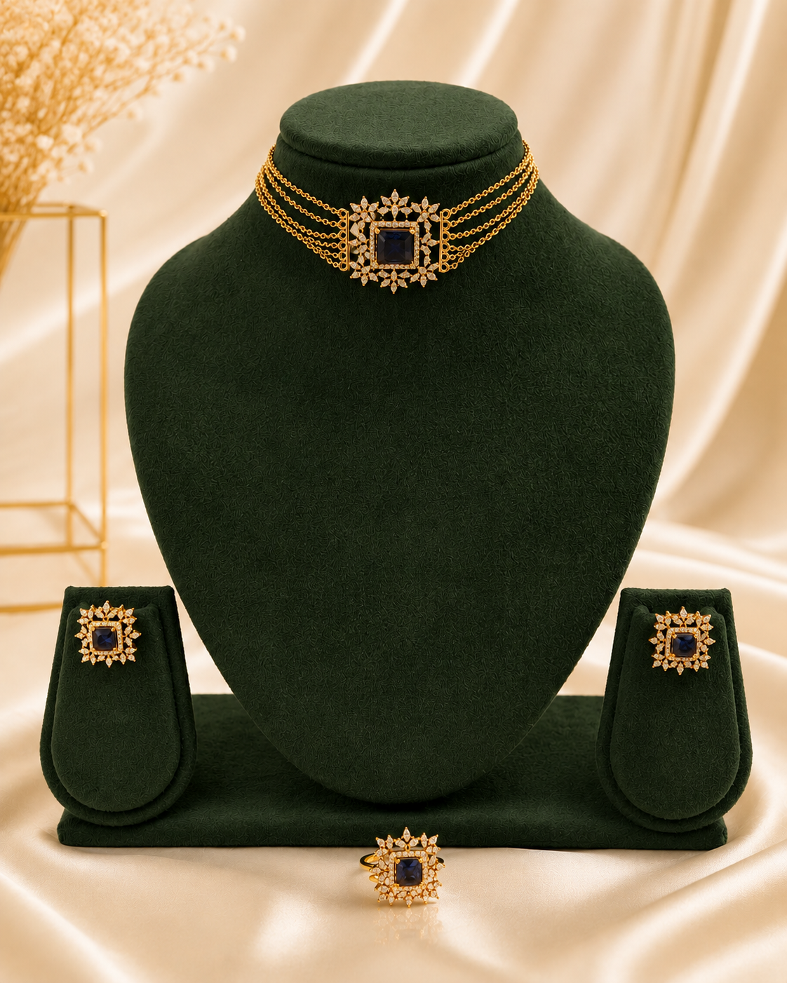 Gold Emerald Green Chain Choker Necklace Set | ONK59