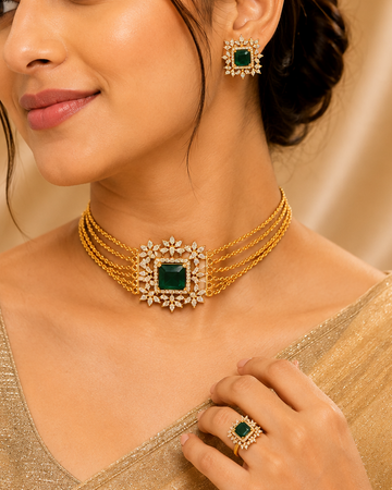 Gold Emerald Green Chain Choker Necklace Set | ONK59
