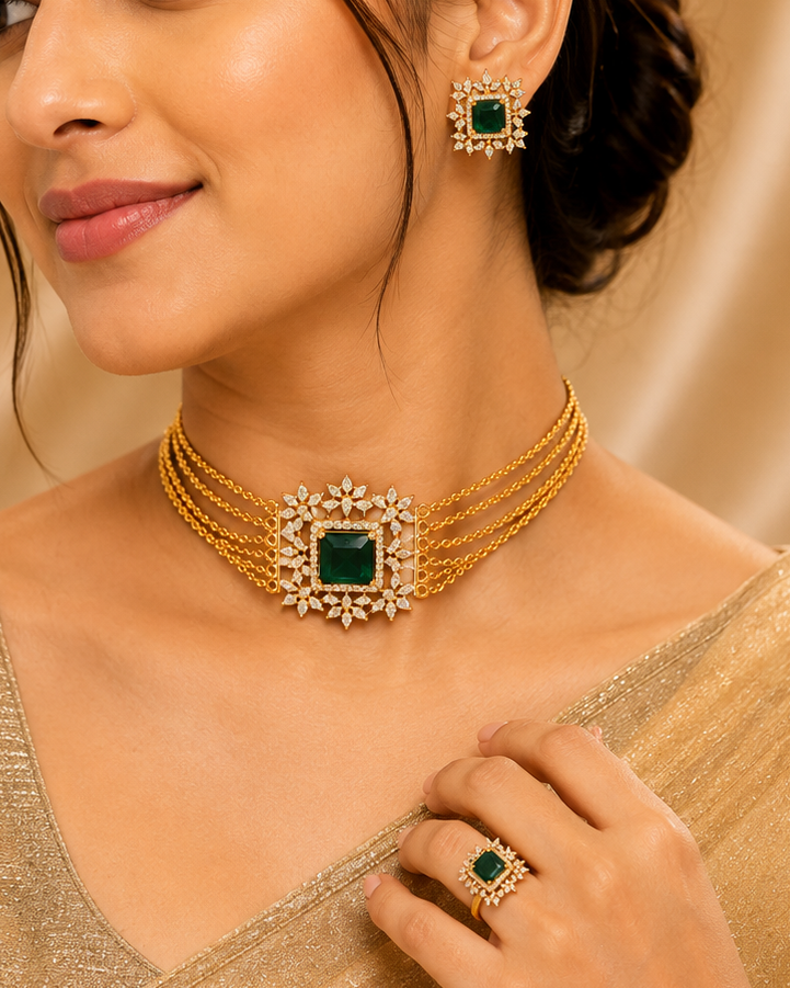 Gold Emerald Green Chain Choker Necklace Set | ONK59