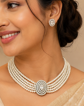 Silver CZ Oval Halo Multi-Strand Pearl Choker Necklace Set | OLT14