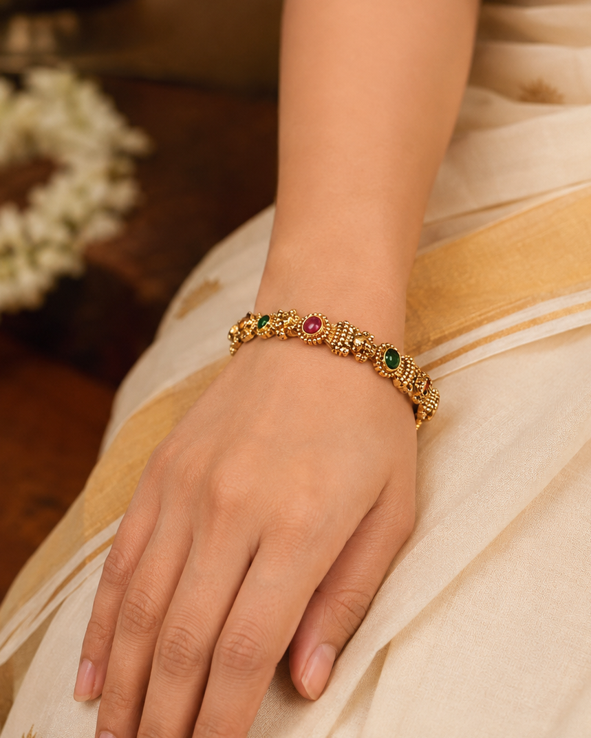 Antique Gold Granulated Filigree Scroll Bangle with Ruby Emerald | LV2301
