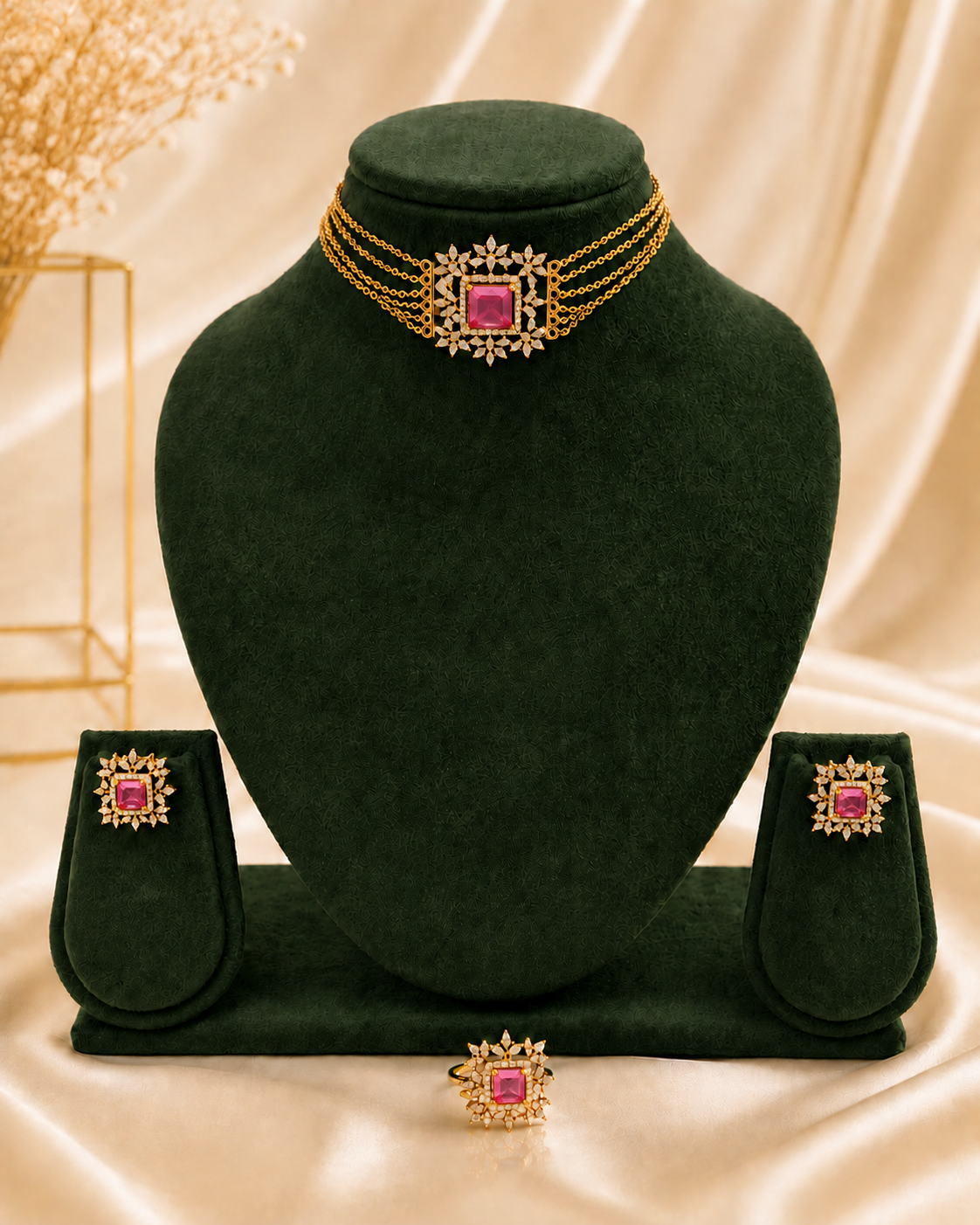 Gold Emerald Green Chain Choker Necklace Set | ONK59