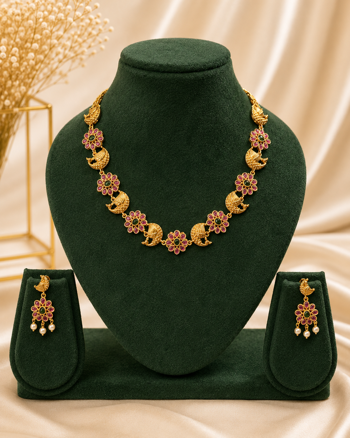 Antique Gold Ruby Flower Peacock Crescent Moon Alternating Necklace Set | ONK34