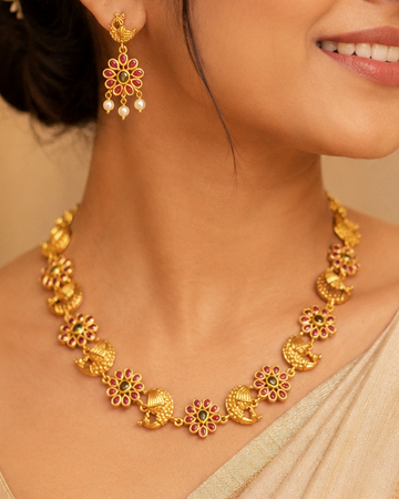 Antique Gold Ruby Flower Peacock Crescent Moon Alternating Necklace Set | ONK34