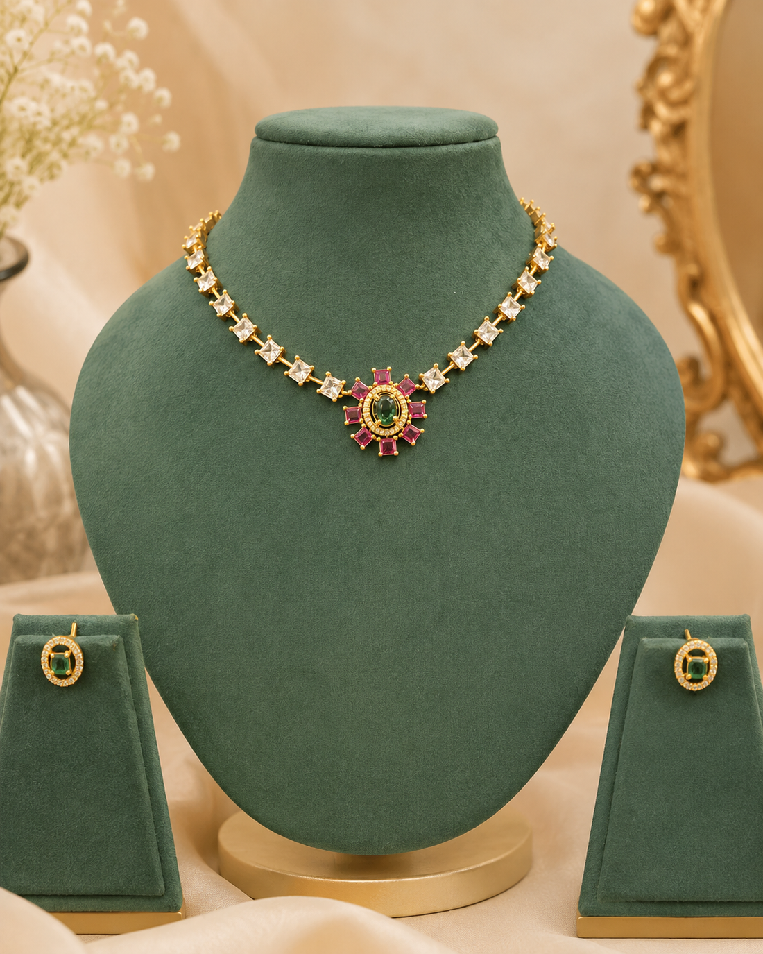 Gold White CZ Princess Square Tennis Chain Necklace Set with Emerald Ruby | ONK16