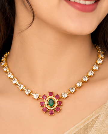 Gold White CZ Princess Square Tennis Chain Necklace Set with Emerald Ruby | ONK16