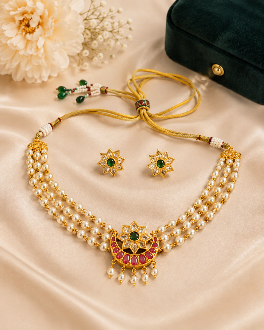 Gold Ruby Kemp Polki Kundan Crescent Moon Pearl Choker Necklace Set | OLT20