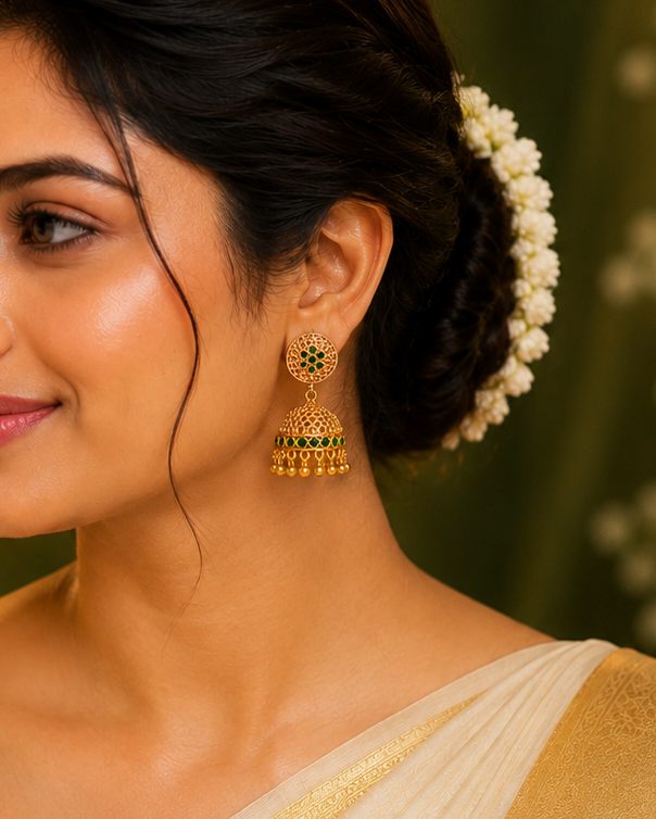 Antique Gold Filigree Lattice Jhumka Earrings with Emerald | OL196