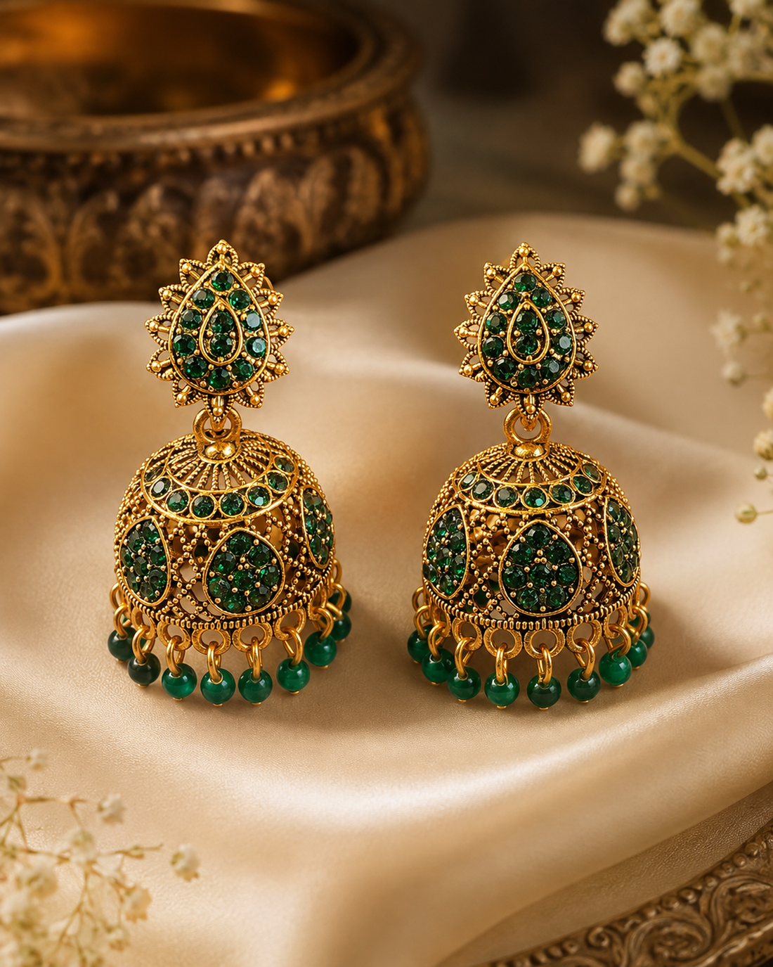 Antique Gold Emerald Jhumka Earrings with Green Bead Drops | SITA2838