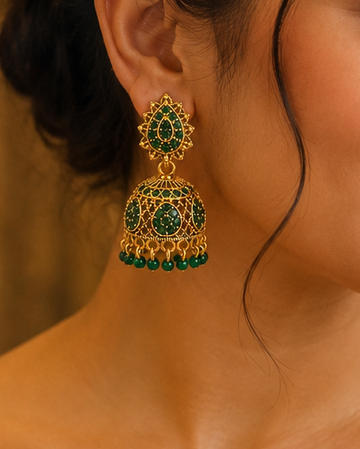 Antique Gold Emerald Jhumka Earrings with Green Bead Drops | SITA2838